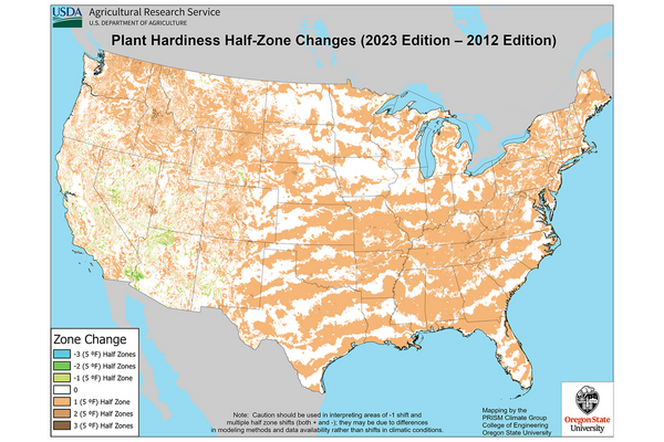 A map of the US with mostly shades of brown and white showing the shifts in grow zones since 2012