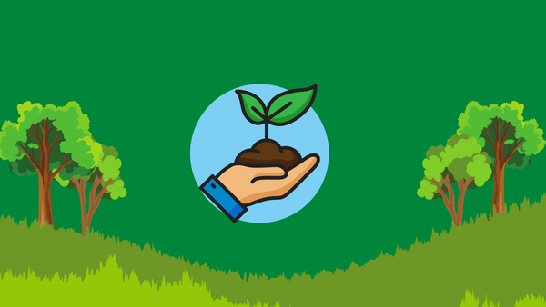 A graphic of trees and a person holding a plant in their hand.