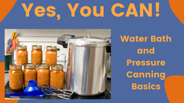 canning supplies gathered on a stove including glass jars with sauce and a pressure canner