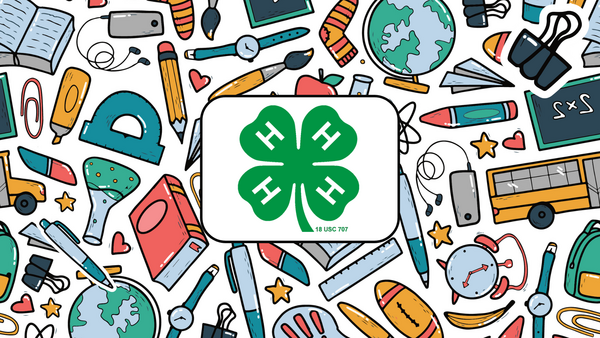 Various school items such as a globe, school bus, pens, pencils, erasers, paperclips, bookbags, clocks with a green 4-H clover in the middle.