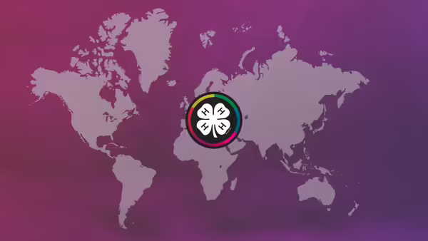 purple map of world with 4-H Clover Emblem