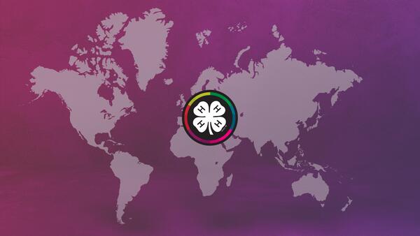 purple map of world with 4-H Clover Emblem