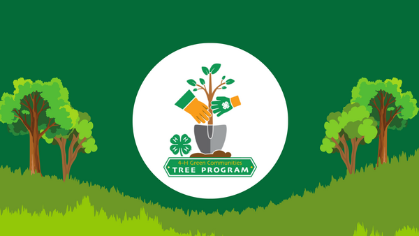 Graphic of trees on a hill with 4-H tree program logo in the center.