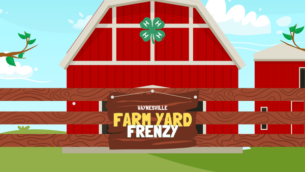 Farm Yard Frenzy, red barn with fencing and tree.