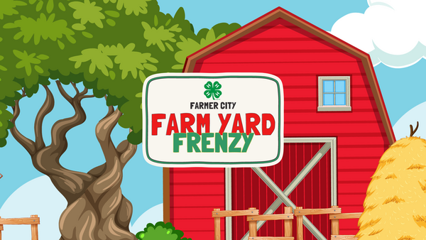 Farm Yard Frenzy, red barn with fencing and tree.