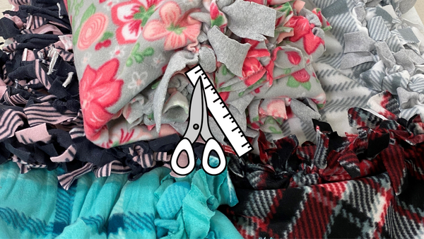 Fleece tie knot blankets with scissors and ruler graphic in middle of image.
