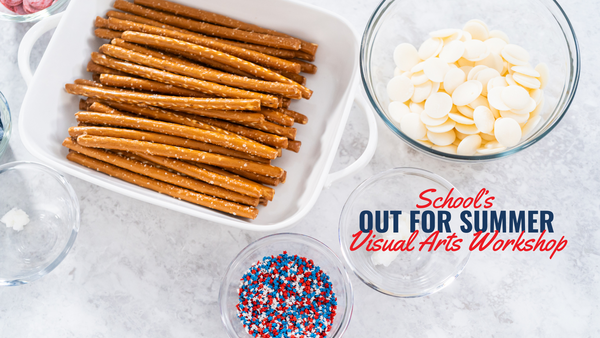Workshop title with image of pretzel rods, white chocolate melts, and patriotic sprinkles