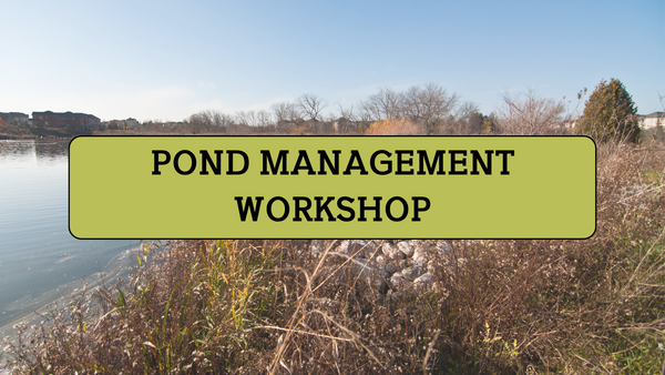 A pond scenic view with overlay text that reads pond management workshop.
