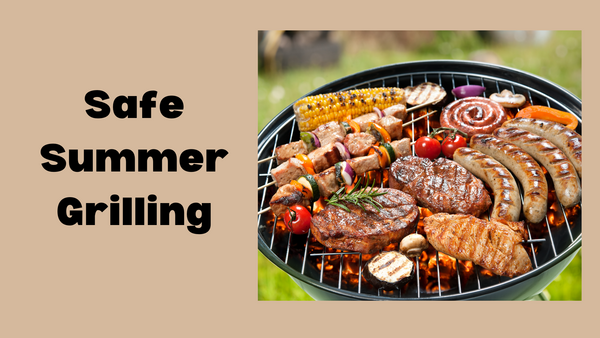 tan background; photo of a grill with various meats and vegetables on it