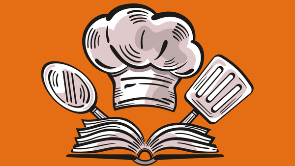 A chefs hat, spatula, and book graphic on an orange background. 