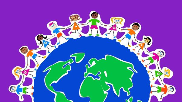 colorful illustration of children circling the earth