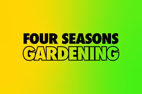 Tie dye yellow and green background with Four Seasons Gardening text.