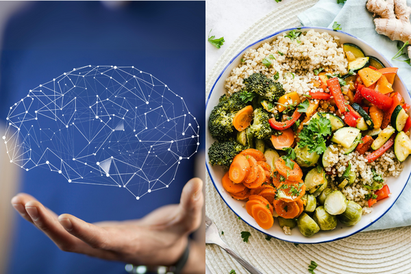 A blueprint drawing of a brain floating above a hand and a bowl of healthy foods.