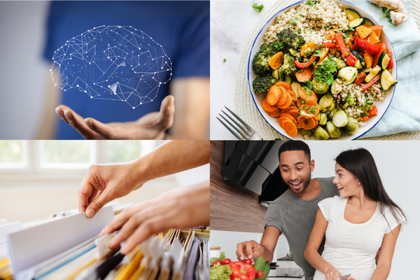 Four images (described starting top left and going clockwise). A drawing of a brain being held in a hand. A colorful healthy dish. A young couple cooking in a kitchen. A hand grabbing a file from a file cabinet.