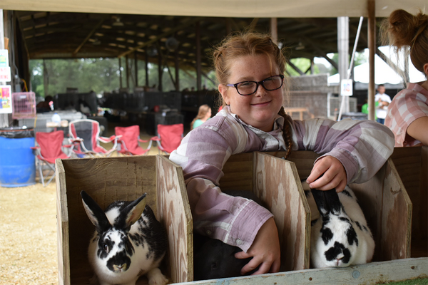 girl with glasses standing with rabbits in a pen