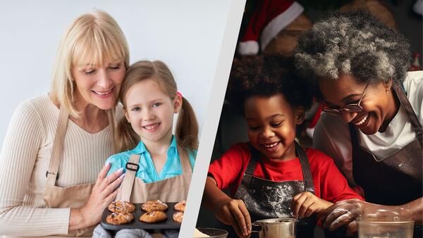 Picture of a female with blonde hair looking at a tin of muffins that a child is holding. An female with greyish black hair and dark skin is laughing with a child with dark skin.