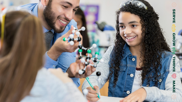 teacher and teenagers learning about molecules