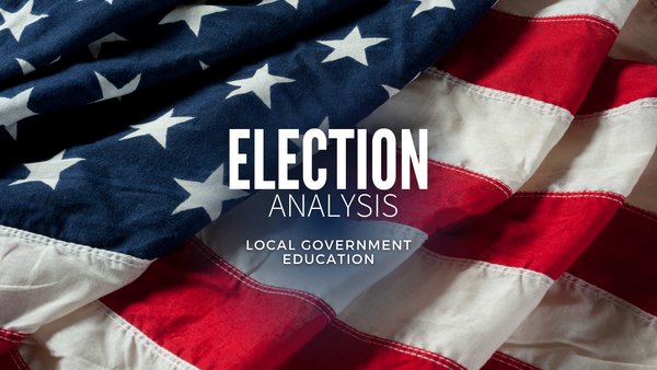 The flag of the United States and a text on it that says Election Analysis, Local Government Education.