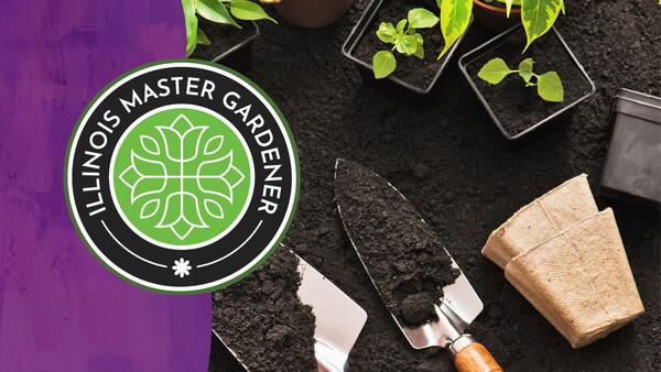 Master Gardener Logo with plants and trowels on potting bench