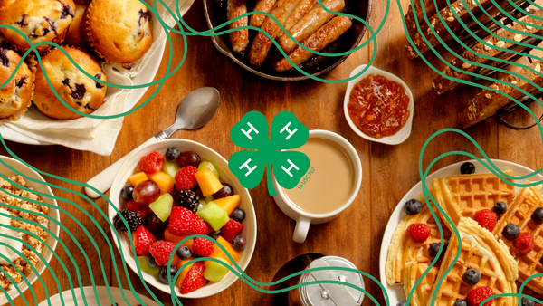 Breakfast foods on a table with line graphics and 4-H logo