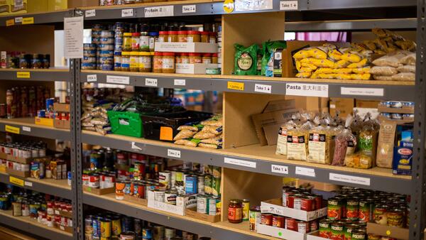 Food pantry shelves with food