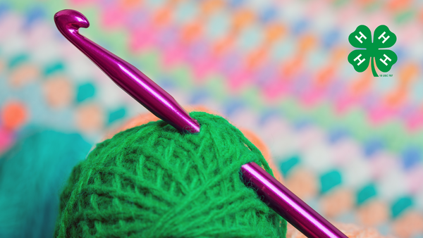 A ball a green yarn with a crochet hook through the yarn.