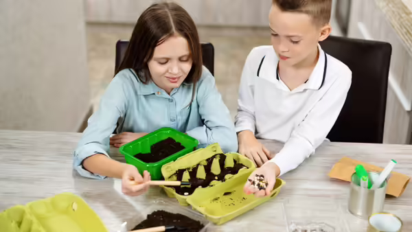 young boy and girl planting seeds in an egg carton