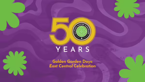 50th anniversary Master Gardener logo, with decorative purple and greenbackground