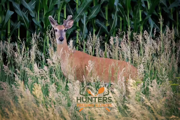 dear standing in tall grass with corn behind it