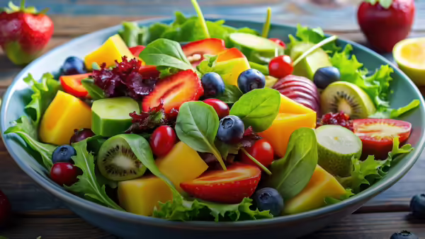 A salad with vegetables and fruits in a blue bowl.