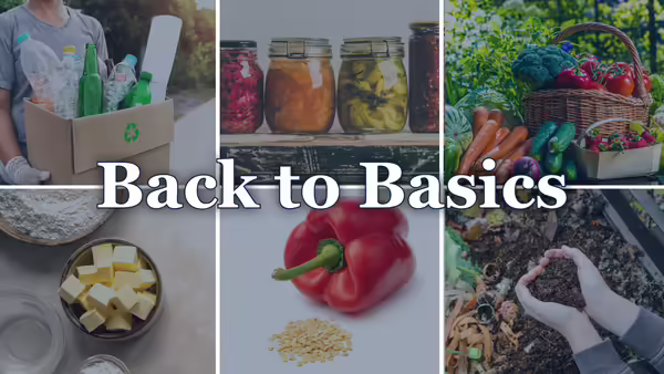 two rows of three thumbnail photos. One with recycling items, one with canned garden produce, one with fresh vegetables, one with neat cut cubes of butter, one with a red pepper and seeds, and one with a person working fresh compost