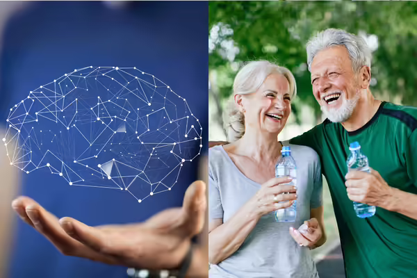 Left side, a hovering digital brain image over a human had. Right side, two older adults drinking from water bottles and laughing