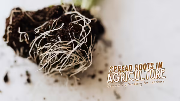 Photo of a plant root ball with the event title Spread Roots in Agriculture included.