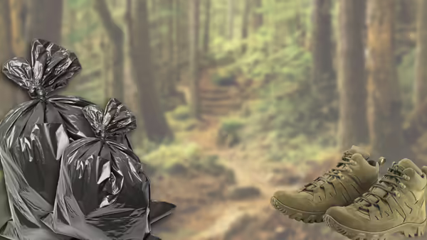 garbage bags and hiking boots in forest scene