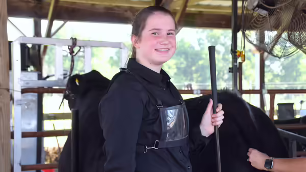 girl with a cow in the background