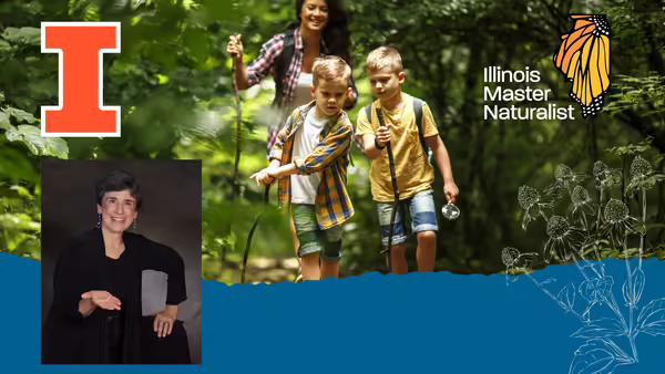 background: woman with two boys walking in woods; foreground left: photo of Marilyn Price