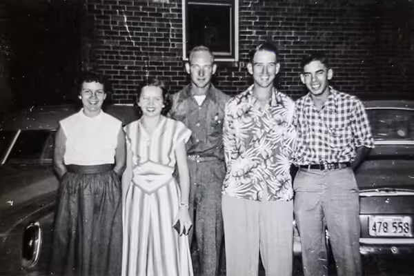 1951 photo of 5 people from 4-H Junior Leadership Conference; Beatrice Hill (now Beatrice H. Bagby) stands second from right and represented McDonough County.