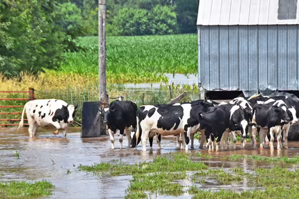 A group of Holstein dairy cattle walking through a flooded barn area