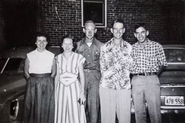 Five 1951 4-H Junior Leadership Conference participants Pat McClure, Beatrice Hill, Bene Windsor, Joe Smith, Eldon Dilworth