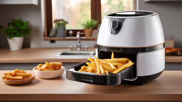 A modern kitchen countertop featuring a white air fryer with black accents and a digital control knob. The air fryer drawer is open, showing freshly cooked French fries. Nearby, two plates hold additional fries and potato wedges. A sink, potted plants, and a sunlit window are visible in the background.