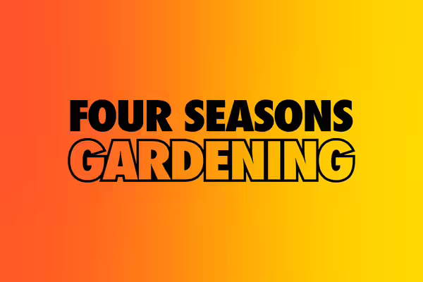 Tri-color orange to yellow ombre background with centered Four Seasons Gardening text