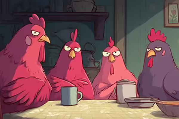 cartoon of chickens at a table