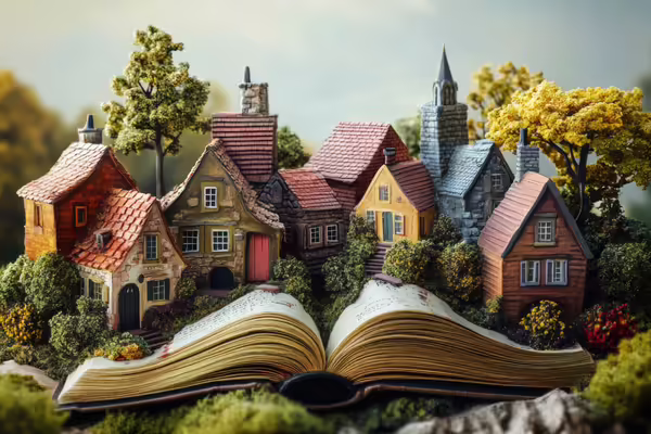 an open book with a neighborhood springing from the pages as if they are growing out of the book