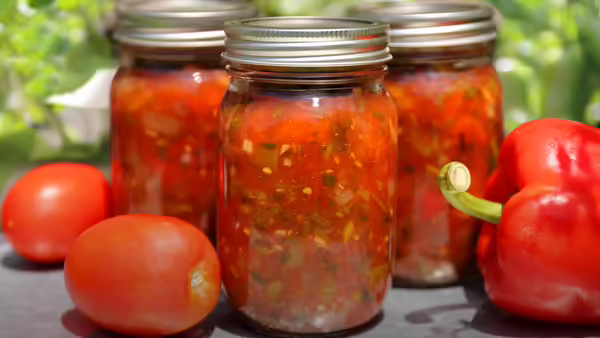 Three glass canning jars filled with red salsa sit on a dark surface, with two whole red tomatoes in front of the jars and a large red bell pepper to the right.