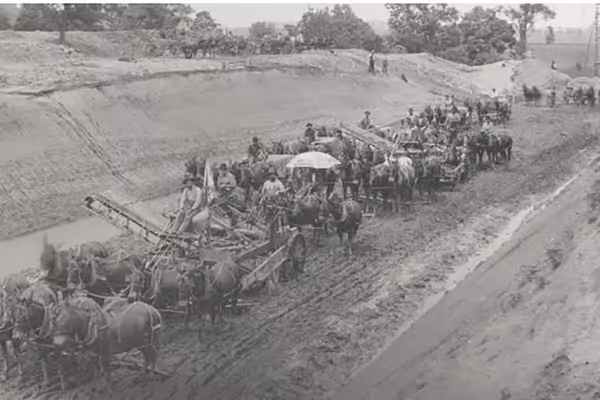 old black and white photo of farm drainage project