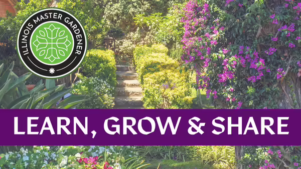 Garden with master gardener logo and text: Learn, Grow, Share