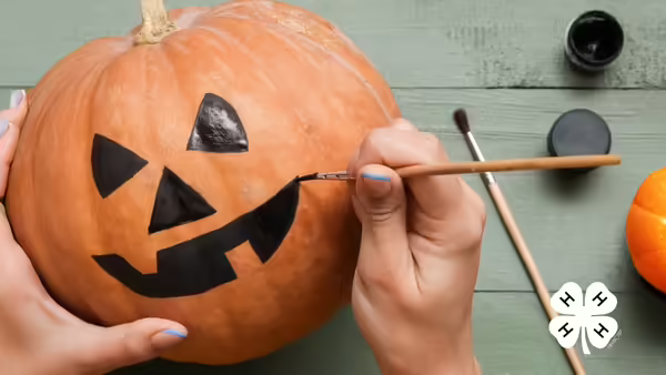 A person painting a jack-o-lantern face on a pumpkin.