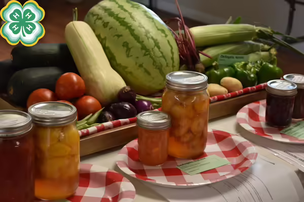 4-H project display area with jars of canned fruit and fresh garden vegetables