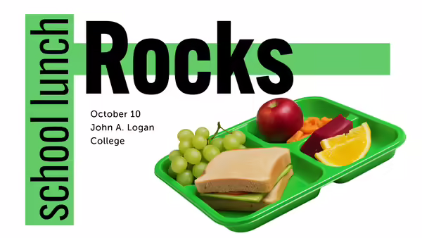 school lunch rocks October 10 John A. Logan College, green meal tray with grapes, apple, carrots, sandwich, and orange slices