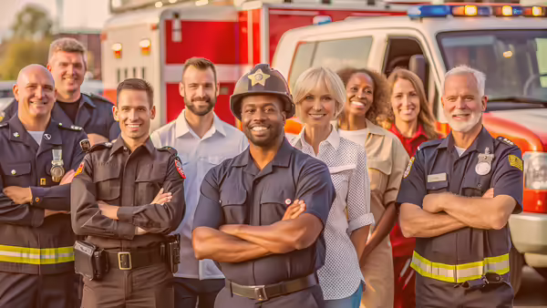 A diverse group of firefighters, police officers, EMTs, and nurses stand in front of a fire truck.